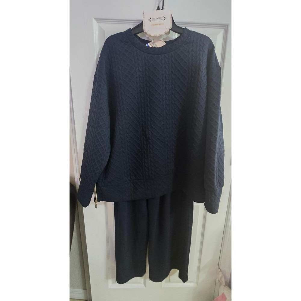 NWT Nanette Lepore Quilted Crewneck & Pants Lounge Set Dark Sapphire L MSRP $99